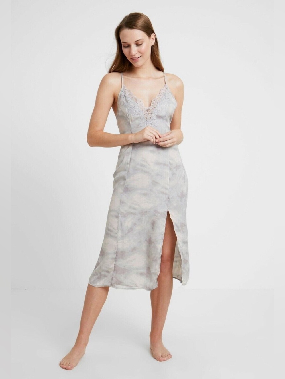 Intimately by Free People Lace-Trim Gray and White Slip Dress